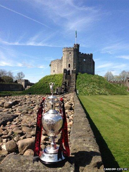 Cardiff City FC tweeted this photo of the Championship Cup proudly displayed outside Cardiff Castle before the start of the open-top bus parade