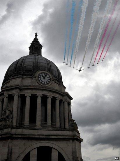 The Red Arrows fly above Nottingham