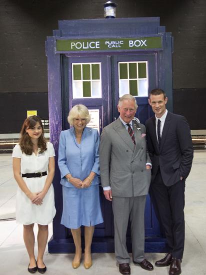 The Prince of Wales and Duchess of Cornwall outside the Tardis