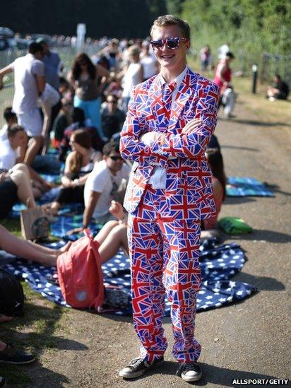 A tennis fan wore a suit adorned with Union Jacks, as he waited in line for tickets to the men's final.