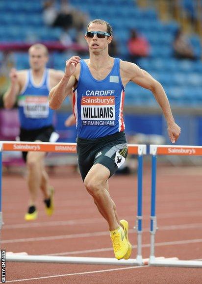 Rhys Williams wins his 400m hurdles heat at the British Championships and World Championships trials in Birmingham