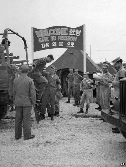 Billy J. Buchanan of Atlanta, Georgia, arrives at UN POW exchange point, Panmunjom, Korea, 6 August 1953, on second day of "Operation Big Switch."