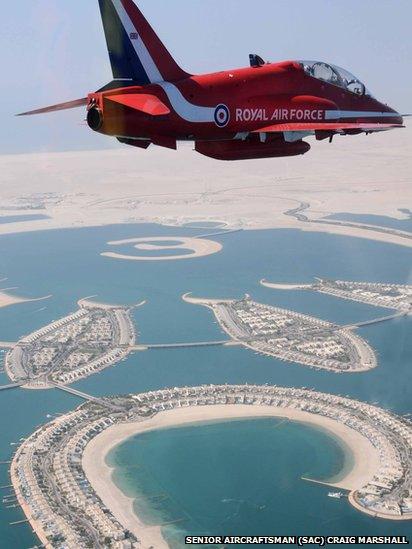 Red Arrows jet flying over Bahrain