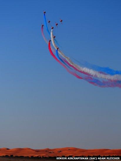 Red Arrows flying over the desert