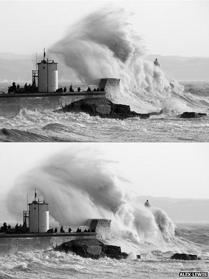 Waves hit Porthcawl lighthouse