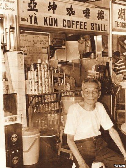 Ah Koon in front of Ya Kun coffee stall