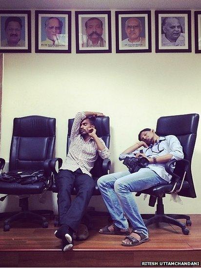 Sleepy journalists before the start of an early morning press conference by the Telangana Pradesh Congress Committee.