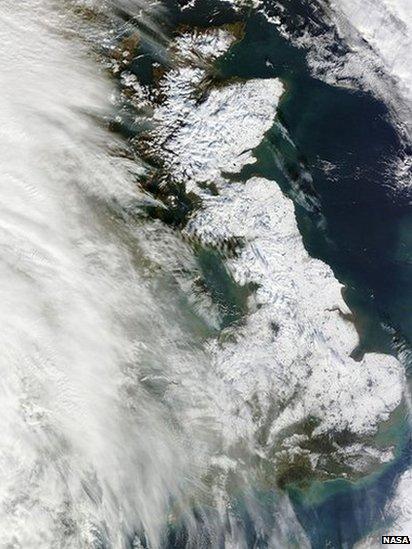 Satellite image of snowy Britain