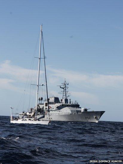 The Irish naval vessel - the LÉ Niamh - and the yacht Makayabella