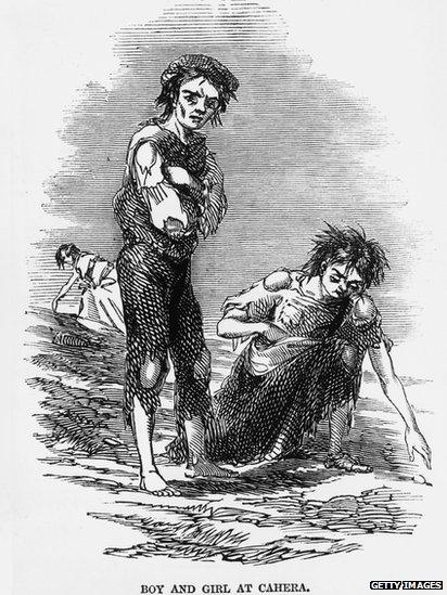 1846: A starving boy and girl rake the ground for potatoes at Cahera during the Irish potato famine