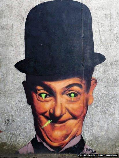 The vandalised painting of Stan Laurel