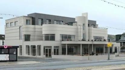 Artist's impression of the same building with a white exterior and dining table on a balcony over the front.