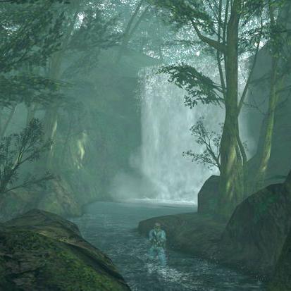 A jungle scene from a video game. It is instantly recognisable as an older video game, with blocky rocks and pixel-y trees.