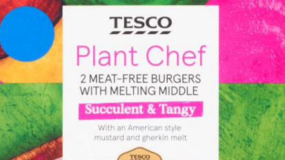 A picture of the label on the box, reading: Plant Chef 2 Meat-free burgers with melting middle. Succulent and tangy with an American style mustard and gherkin melt