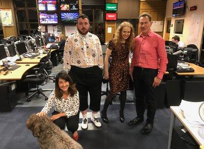 Nelson the dog with Liz Kendall, Scottee, Kate Williams and Michael Portillo
