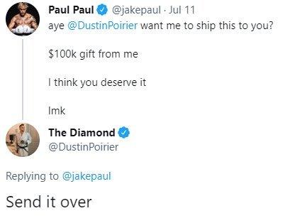 Jake Paul offers to send $100, 000 necklace to Poirer, and the UFC star replies with "send it over".