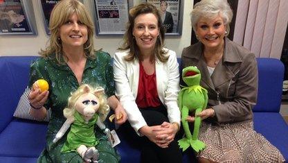 Rachel Johnson, Miranda Green, Angela Rippon, with Missy Piggy and Kermit muppets