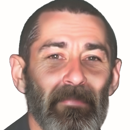 An artificially generated image showing missing David McCallum 22 years later. He has short dark hair and a black and greying beard