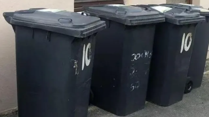 Four black wheelie bins in a row. Two have the number 10 written on the front in white.