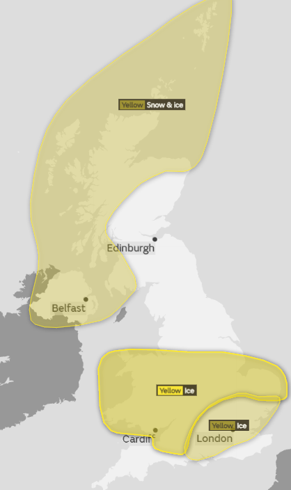 The Met Office's yellow weather warning for snow and ice on Monday