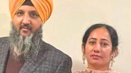 Paramjit Singh wearing a turban and his wife Kirandeep Kaur, who is a US citizen pictured. 
