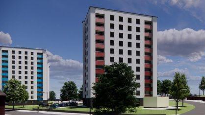 CGI of two towers which will be refurbised at Boscobel Crescent. It shows white cladding and feature panels in red on one block and blue on another