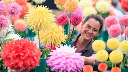 A woman surrounded by enormous blooms.