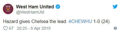 West Ham tweet that simply says: "Hazard gives Chelsea the lead"