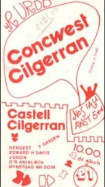 Poster Concwest Cilgerran yn gaddo perfformiadau gan Hergest ac Edward H. Dafis