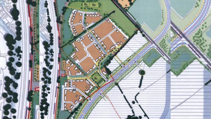 Map of proposed development of a plot of land between two major roads 