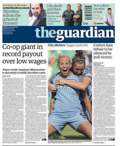 Manchester City on the front page of the Guardian newspaper