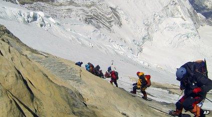 Climbers scaling Mount Everest.