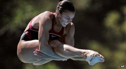 Cassidy Krug dives during the women"s 3-meter springboard finals at the 2011 AT&T National Diving Championships