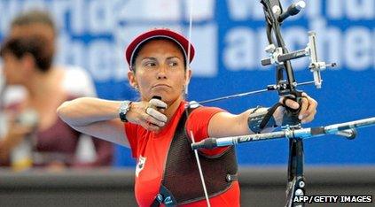 Denisse Astrid Van Lamoen of Chile shoots an arrow during the final match of the recurve women's individual event at the Archery World Championships