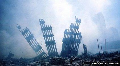 Rubble from the collapse of the World Trade Center twin towers