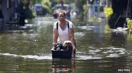 Woman pushing her dogs through the floods