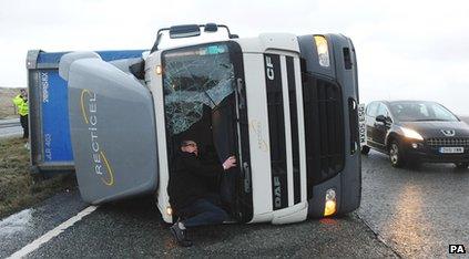 Lorry blown over by the winds