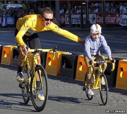 Bradley Wiggins and his son on bikes