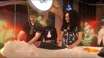 Barney from Blue Peter making Barney the dog a pet bed out of old jumpers