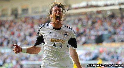 Swansea player Michu celebrates after scoring the second swansea goal during the UEFA Europa League play-off first leg.
