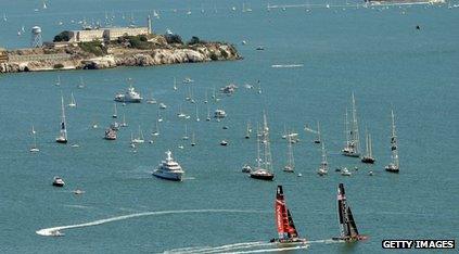 Catamarans sailing off the coast of San Francisco