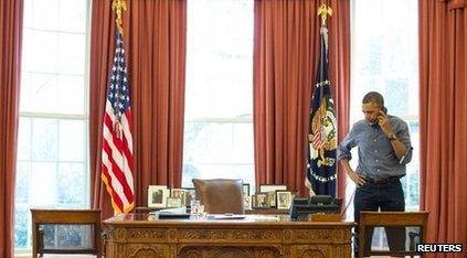 US President Barack Obama on the phone to Russian President Vladimir Putin