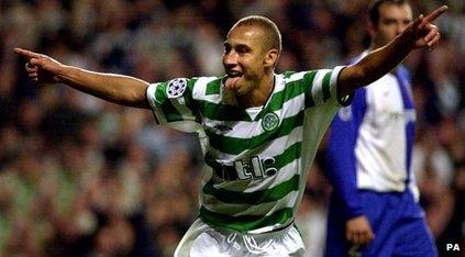 Henrik Larssen celebrates scoring for Celtic