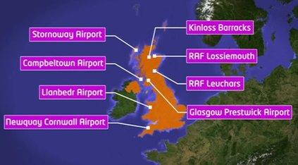 Map of UK showing spaceport location options