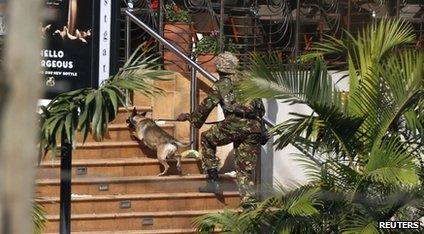 A soldier with an army dog walk up the steps to the shopping centre
