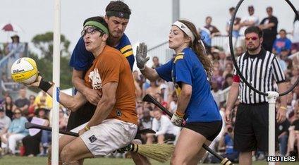 Teens playing Quidditch