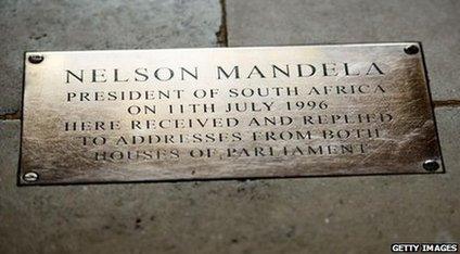 A plaque marks Nelson Mandela's 1996 address in Westminster Hall