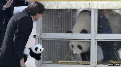 Belgium's Prime Minister Elio Di Rupo says hello to Hao Hao, one of the pandas that arrived from China