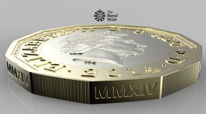 The new pound coin design. A twelve sided coin in gold, with a silver disc inset. The Queen features prominently.