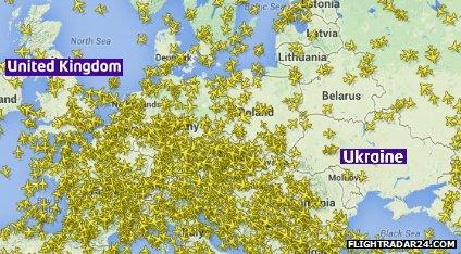 A map showing thousands of flights above Europe